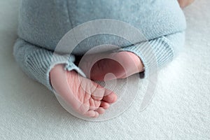 Baby feet. The tiny foot of a newborn in soft selective focus. Image of the soles of the feet.