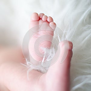 Baby feet on the white fur. Family love concept. Newborn beauty.