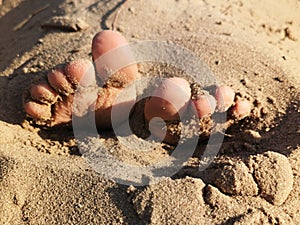 Baby fingers in the sand.Stuck baby feet in sand on sea beach on sunny day.Children`s toes in the sand close-up