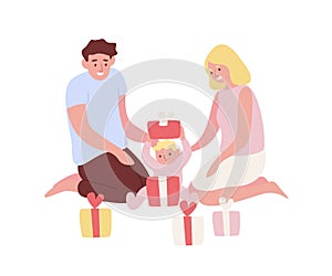 Baby first birthday flat vector illustration. Happy parents celebrating child first anniversary cartoon characters. Cute