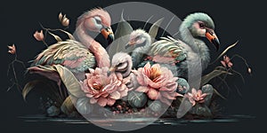 Baby flamingos and flowers, an ultrafine detailed painting, expressive emotional piece