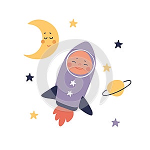 Baby flying in a rocket among the stars, planets and the moon, funny cartoon vector illustration for children's