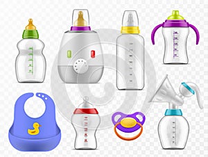 Baby food accessories. Realistic milk bottles, rubber pacifier, heater and manual breast pump, children nutrition