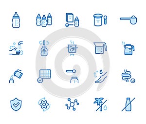 Baby food line icon set. Infant formula - bottle, wash hands, sterilize, digestion minimal vector illustration. Simple photo