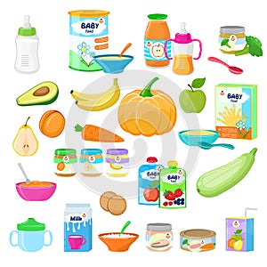 Baby food vector child healthy nutrition milk fresh juice with fruits and vegetable mashed puree for childcare health