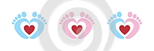 Baby foot barefoot heart icon. Set