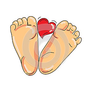 Baby foot close-up drawn in a modern style on a white background.Cute heart between children's feet vector