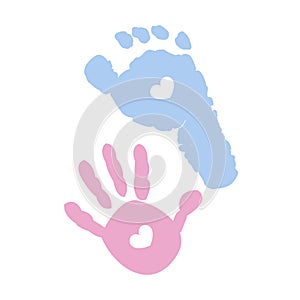 Baby foot and baby hand prints. Blue and pink colored with hearts