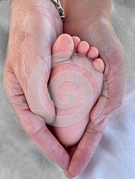 Baby foot in mother's hands. Family concept. Motherhood