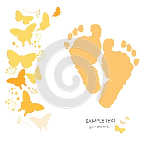 Baby foot prints with butterfly newborn baby greeting card vector background