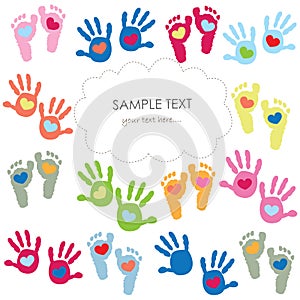 Baby footprint and hands kids colorful greeting card vector