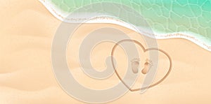 Baby footprint on the sea shore. Background with feet, sand, water. Vector illustration. Beach baby footprint in the