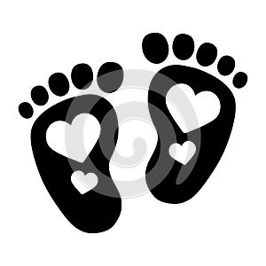 Baby footprints with hearts icon, baby feet silhouette, children\'s feet, family love concept