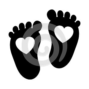 Baby footprints with hearts icon, baby feet silhouette, children\'s feet, family love concept - vector