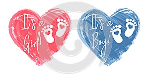 Baby footprints in a watercolor heart. Red and blue symbol of newborn girls and boys in the heart. Set of icons, stickers