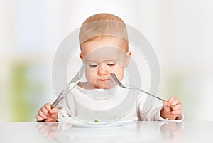 Un bambino forchetta un un coltello mangiare guarda piatto uno 