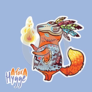 Baby fox shaman with feather. Cute decorative patch in vector