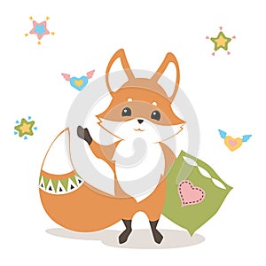 Baby fox waving good bye, with pillow, hearts and stars