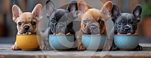 Baby French Bulldogs in front of Bowls of Dog Food extreme closeup. Generative AI