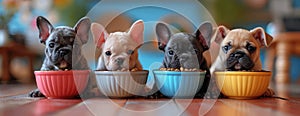 Baby French Bulldogs in front of Bowls of Dog Food extreme closeup. Generative AI