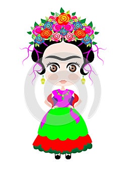 Baby Frida Kahlo with crown of colorful flowers, Kokeshi doll style, cartoon doll in typical ethnic Mexican clothes for children, photo