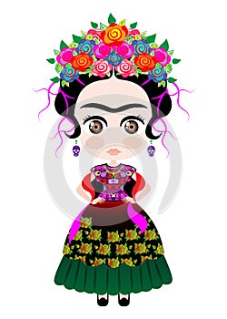 Baby Frida, Kokeshi doll style, cartoon doll in typical ethnic Mexican clothes for children, vector isolated
