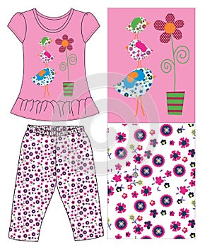 baby frocks with leggings flower with bird print vector
