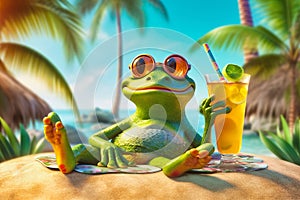 a baby frog tourist relaxing at beach vacation at a tropical resort, funny holiday concept, AI generative