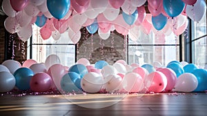 Baby gender reveal concept with pink and blue balloons at a party, copy space on the floor. Boy or girl.