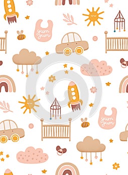 Baby gentle pattern for boy or girl. Cute pastel pink yellow kids doodle. Nursery background for  baby shower, fabric or scrapbook