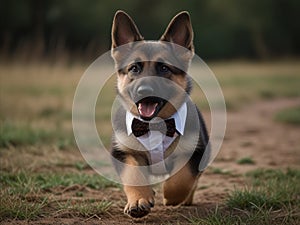 a baby German shepherd in a suit and bow tie running at the camera back round is a wedding