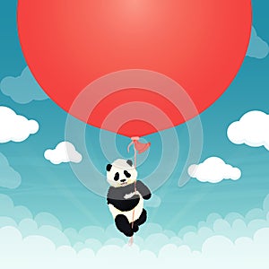 Baby giant panda flying big red balloon in the sky with clouds. Black and white chinese bear cub. Rare, vulnerable species.