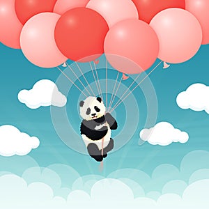 Baby giant panda flying red and pink balloons in the sky with clouds. Black and white chinese bear cub.