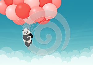 Baby giant panda flying red and pink balloons in the sky with clouds. Black and white chinese bear cub. Rare, vulnerable species.