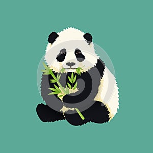Baby giant panda holding and chewing green bamboo branches and leaves. Black and white chinese bear cub.