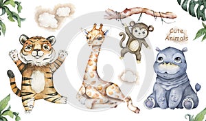 Baby giraffe, hippo, tiger and monkey. Watercolor hand painted cartoon giraffe tropical animal illustration. Jungle