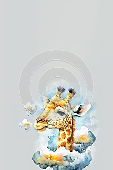 Baby giraffe over the clouds with watercolor effect. Perfect for baby\'s banners and posters.copy