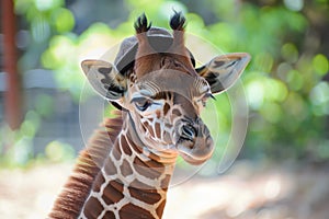 baby giraffe with a tiny sunhat looking at the camera