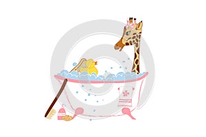 Baby girl arrival announcement card with cute little hand drawn giraffe in bath