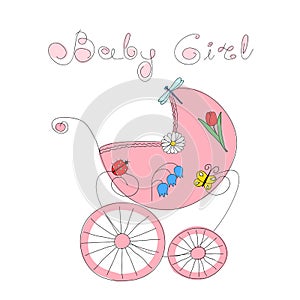 Baby girl arrival card with hand drawn retro styled baby carriage photo