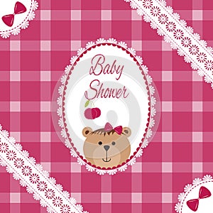 Baby girl arrival, shower, Greeting, announcement card with teddy bear and hearts. Vector postcard, Embroidery stylization