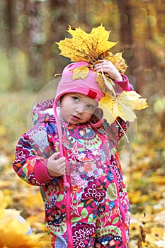 Baby girl in autumn maple leaves