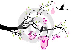 Baby girl with birds on tree, vector