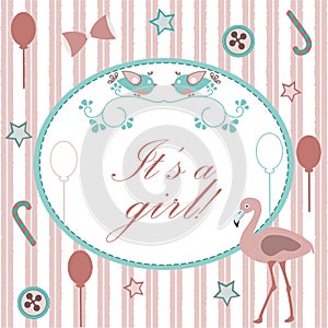 Baby girl Birth announcement. Baby shower invitation card. Cute Pink Flamingo Bird announces the arrival of a baby girl. Retro