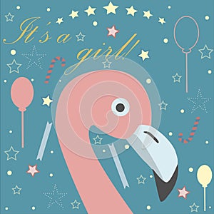 Baby girl Birth announcement. Baby shower invitation card. Cute Pink Flamingo Bird announces the arrival of a baby girl. Retro