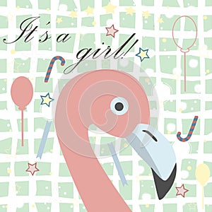 Baby girl Birth announcement. Baby shower invitation card. Cute Pink Flamingo Bird announces the arrival of a baby girl. Retro