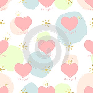 Baby girl birth announcement seamless pattern. It`s a Girl and pink hearts with a golden crown. Background with pink