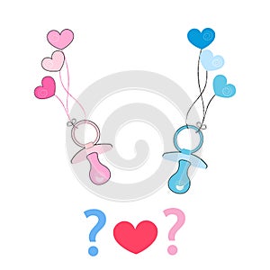 Baby girl, baby boy soother with hearts balloon. Coming soon baby. Baby gender reveal symbol photo