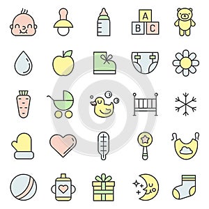 Baby (girl and boy) things outline multicolored cute icons vector set. Minimalistic design.