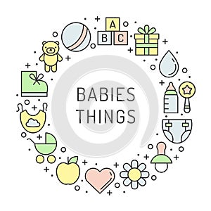 Baby (girl and boy) things outline multicolored cute vector circle frame background. Minimalistic design. Part one.